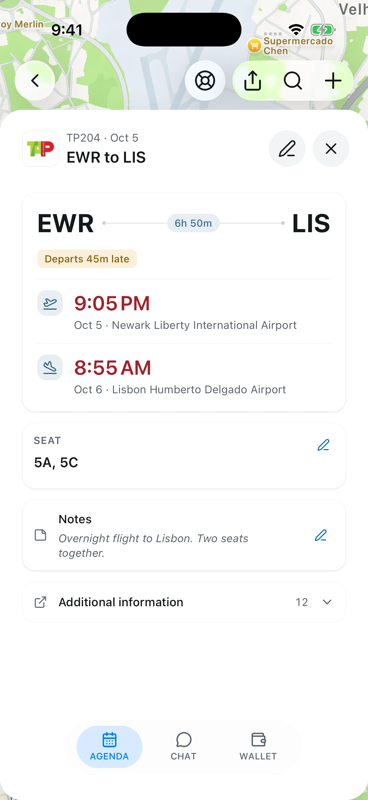 Example flight update in a TripNoted trip