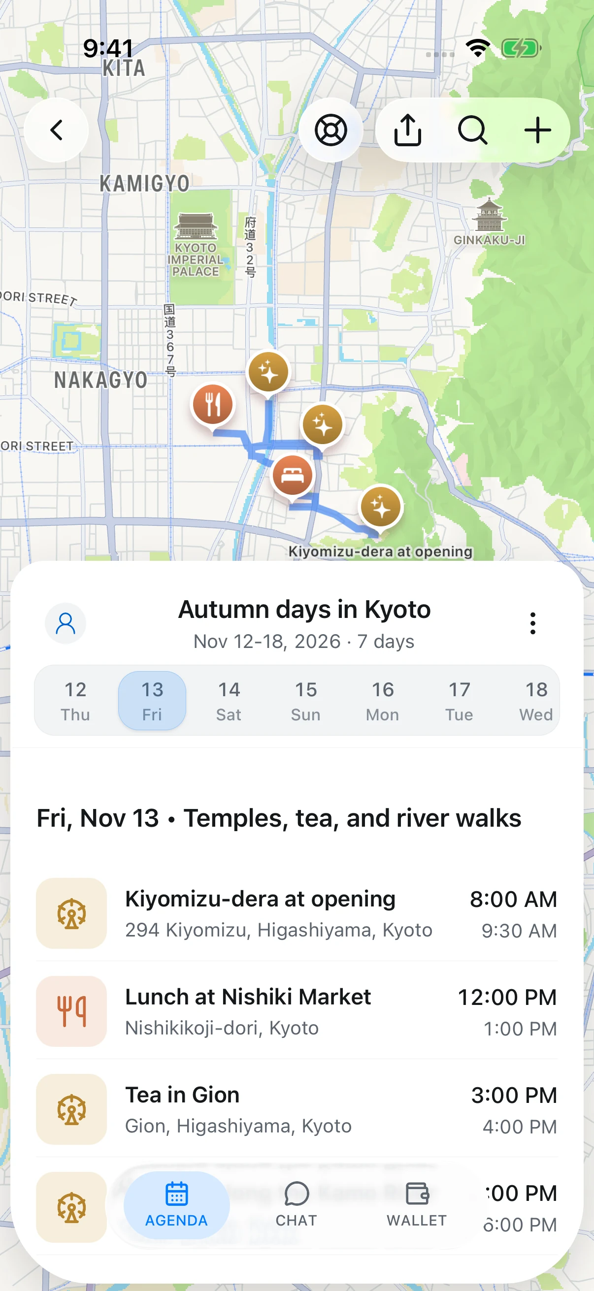 Example Kyoto trip map with a hotel and places for the day